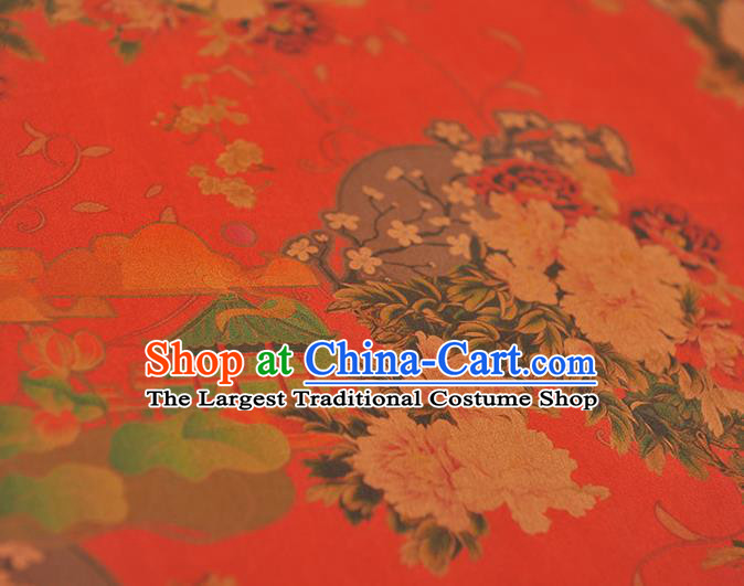 Chinese Traditional Cheongsam Satin Cloth Classical Peony Plum Pattern Silk Fabric Red Gambiered Guangdong Gauze