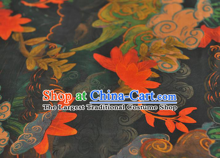 Chinese Traditional Black Silk Fabric Cheongsam Satin Cloth Classical Red Lotus Pattern Gambiered Guangdong Gauze