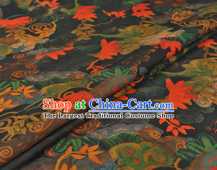 Chinese Traditional Black Silk Fabric Cheongsam Satin Cloth Classical Red Lotus Pattern Gambiered Guangdong Gauze