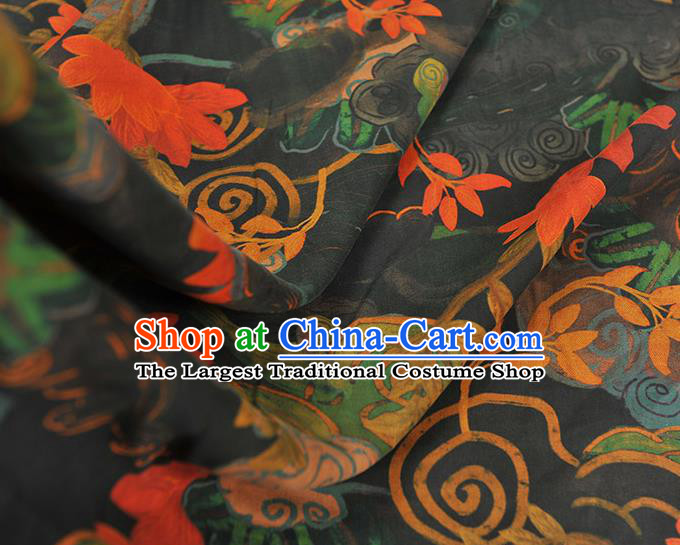 Chinese Traditional Black Silk Fabric Cheongsam Satin Cloth Classical Red Lotus Pattern Gambiered Guangdong Gauze