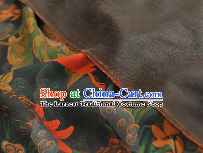 Chinese Traditional Black Silk Fabric Cheongsam Satin Cloth Classical Red Lotus Pattern Gambiered Guangdong Gauze
