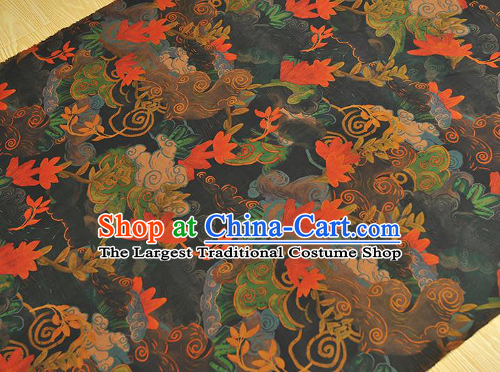 Chinese Traditional Black Silk Fabric Cheongsam Satin Cloth Classical Red Lotus Pattern Gambiered Guangdong Gauze