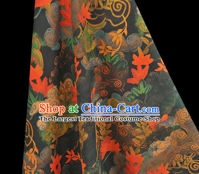 Chinese Traditional Black Silk Fabric Cheongsam Satin Cloth Classical Red Lotus Pattern Gambiered Guangdong Gauze