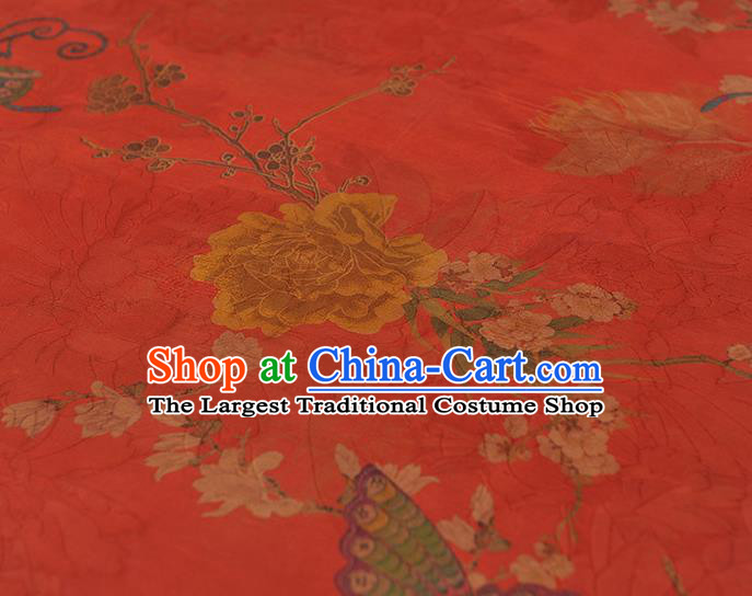 Chinese Classical Peony Butterfly Pattern Gambiered Guangdong Gauze Traditional Silk Fabric Cheongsam Red Satin Cloth