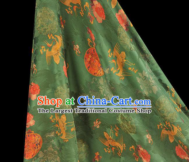 Chinese Classical Crane Peony Pattern Silk Gambiered Guangdong Gauze Fabric Traditional Cheongsam Green Satin Cloth
