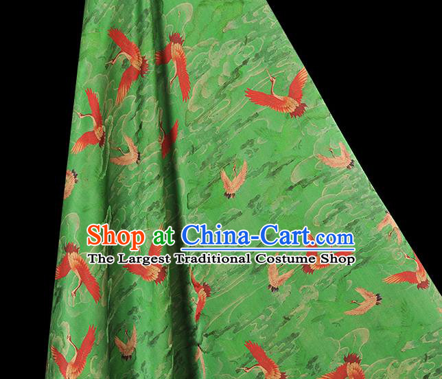 Chinese Gambiered Guangdong Gauze Classical Cloud Crane Pattern Silk Fabric Traditional Cheongsam Jacquard Green Satin Cloth