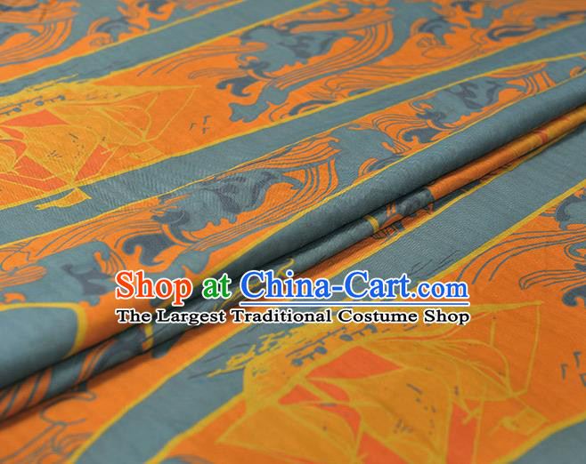 Chinese Blue Cloth Traditional Cheongsam Gambiered Guangdong Gauze Classical Sailboat Pattern Silk Fabric