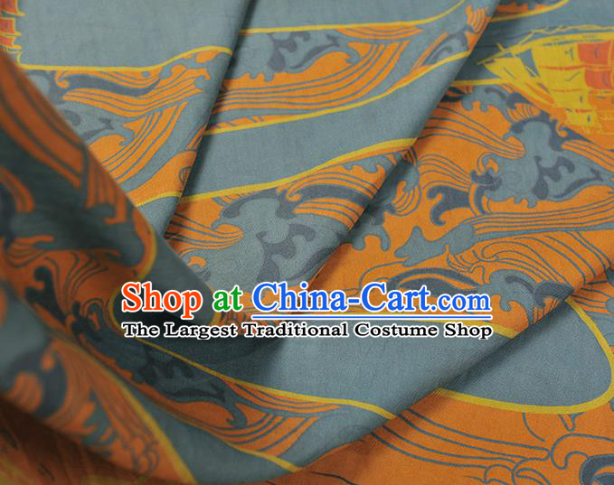 Chinese Blue Cloth Traditional Cheongsam Gambiered Guangdong Gauze Classical Sailboat Pattern Silk Fabric