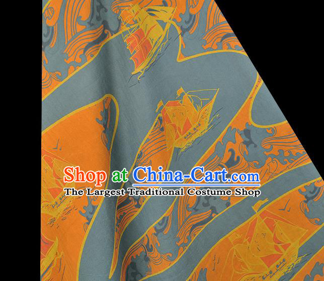 Chinese Blue Cloth Traditional Cheongsam Gambiered Guangdong Gauze Classical Sailboat Pattern Silk Fabric