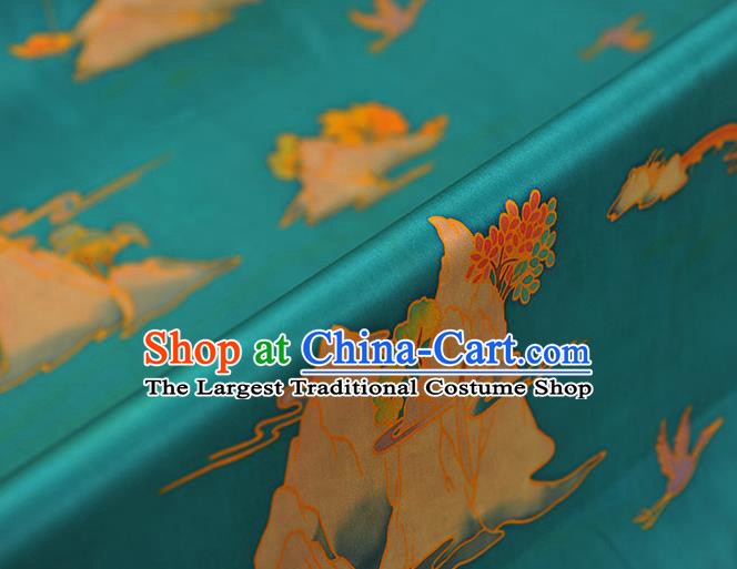 Chinese Satin Cloth Traditional Cheongsam Gambiered Guangdong Gauze Classical Mount Crane Pattern Blue Silk Fabric