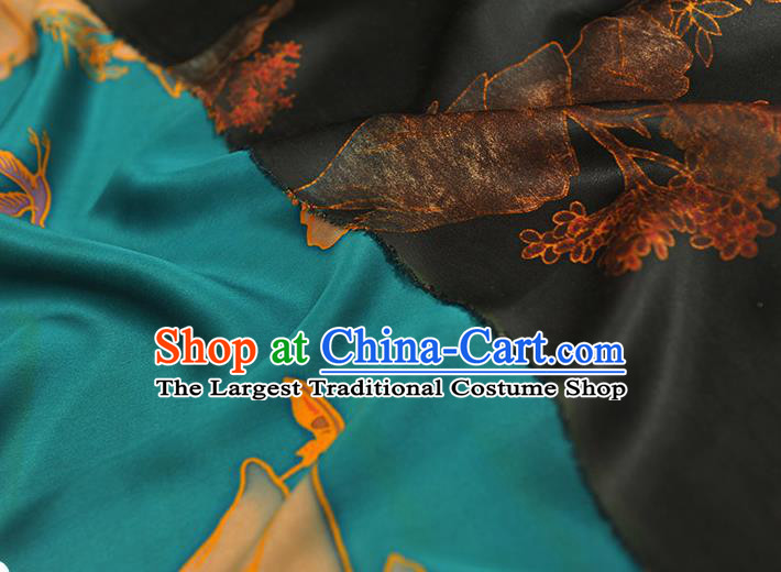 Chinese Satin Cloth Traditional Cheongsam Gambiered Guangdong Gauze Classical Mount Crane Pattern Blue Silk Fabric