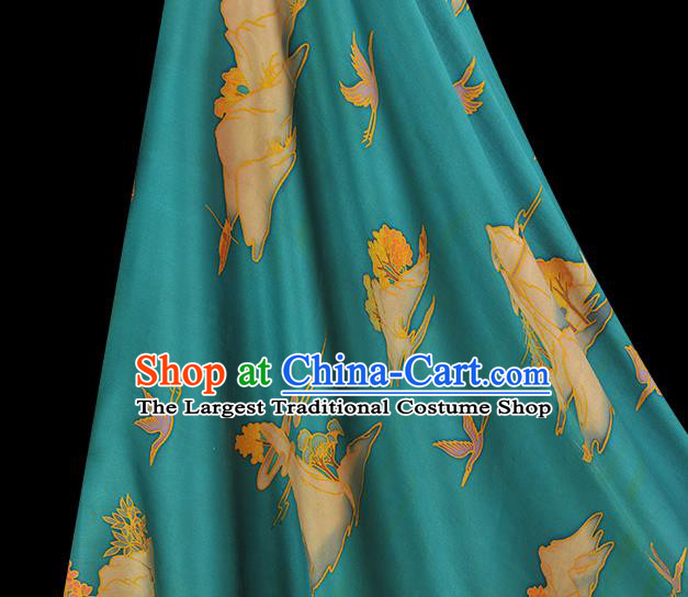 Chinese Satin Cloth Traditional Cheongsam Gambiered Guangdong Gauze Classical Mount Crane Pattern Blue Silk Fabric