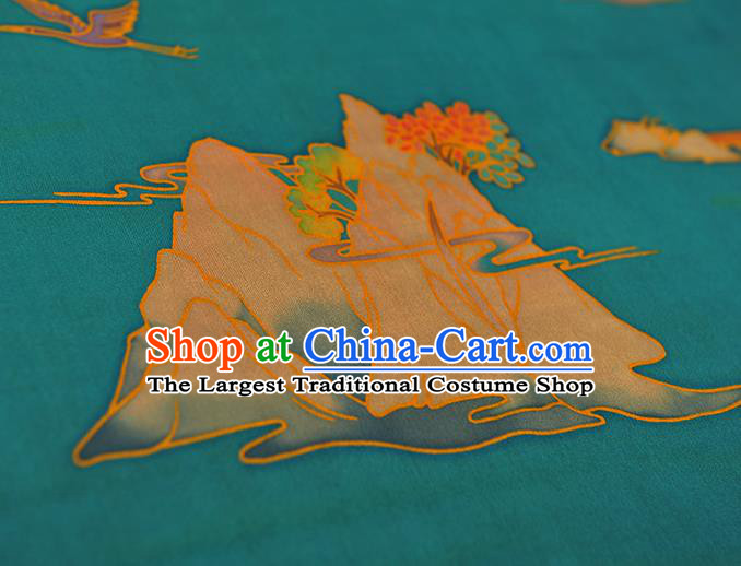 Chinese Satin Cloth Traditional Cheongsam Gambiered Guangdong Gauze Classical Mount Crane Pattern Blue Silk Fabric