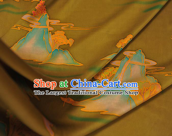 Chinese Traditional Cheongsam Gambiered Guangdong Gauze Classical Mount Crane Pattern Silk Fabric Ginger Satin Cloth