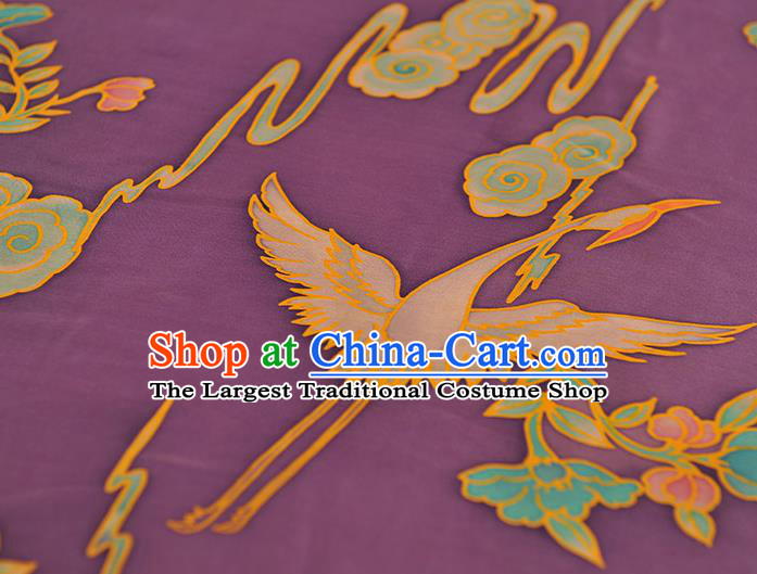 Chinese Traditional Gambiered Guangdong Gauze Classical Crane Flower Pattern Silk Fabric Cheongsam Purple Satin Cloth