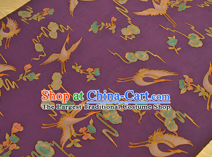 Chinese Traditional Gambiered Guangdong Gauze Classical Crane Flower Pattern Silk Fabric Cheongsam Purple Satin Cloth