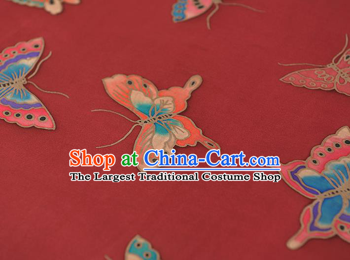 Chinese Traditional Red Gambiered Guangdong Gauze Classical Butterfly Pattern Silk Fabric Cheongsam Satin Cloth