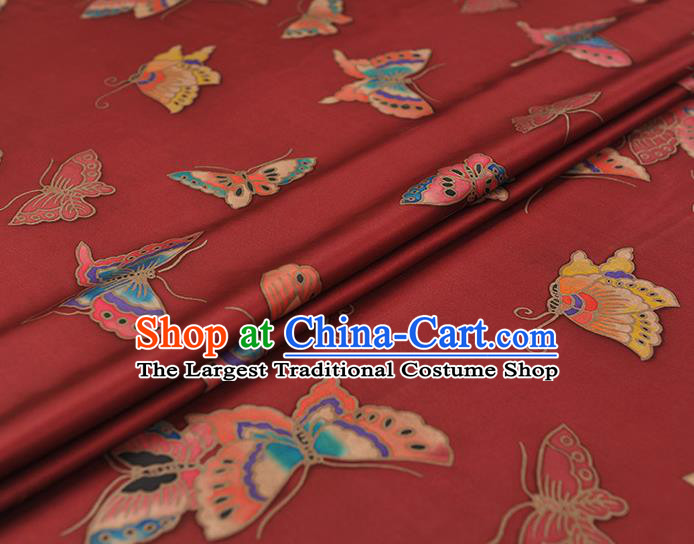 Chinese Traditional Red Gambiered Guangdong Gauze Classical Butterfly Pattern Silk Fabric Cheongsam Satin Cloth