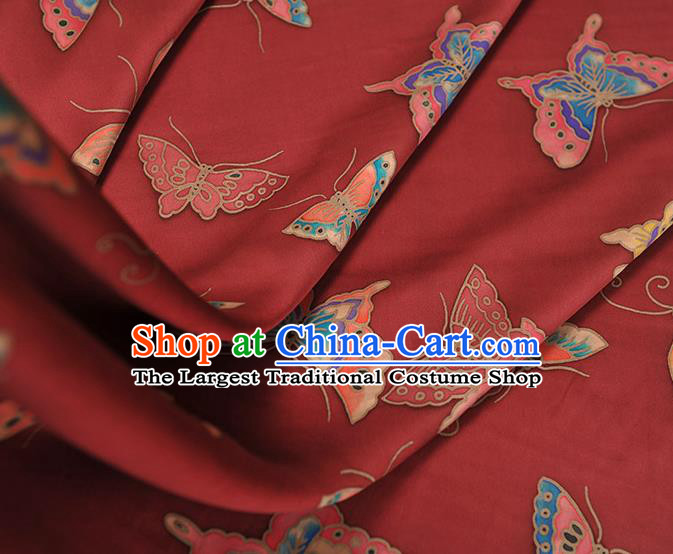 Chinese Traditional Red Gambiered Guangdong Gauze Classical Butterfly Pattern Silk Fabric Cheongsam Satin Cloth