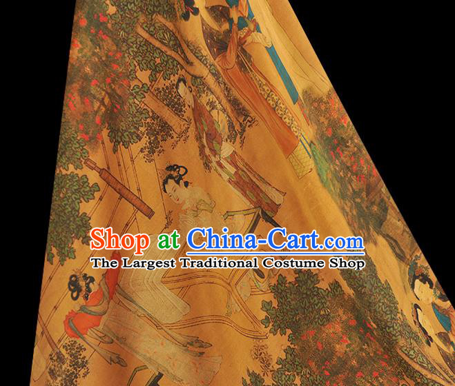 Chinese Traditional Ginger Gambiered Guangdong Gauze Classical Beauty Pattern Silk Fabric Cheongsam Satin Cloth