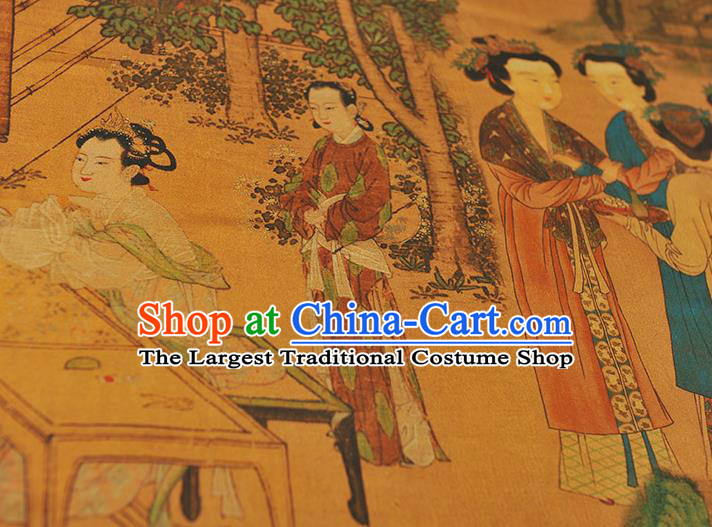 Chinese Traditional Ginger Gambiered Guangdong Gauze Classical Beauty Pattern Silk Fabric Cheongsam Satin Cloth