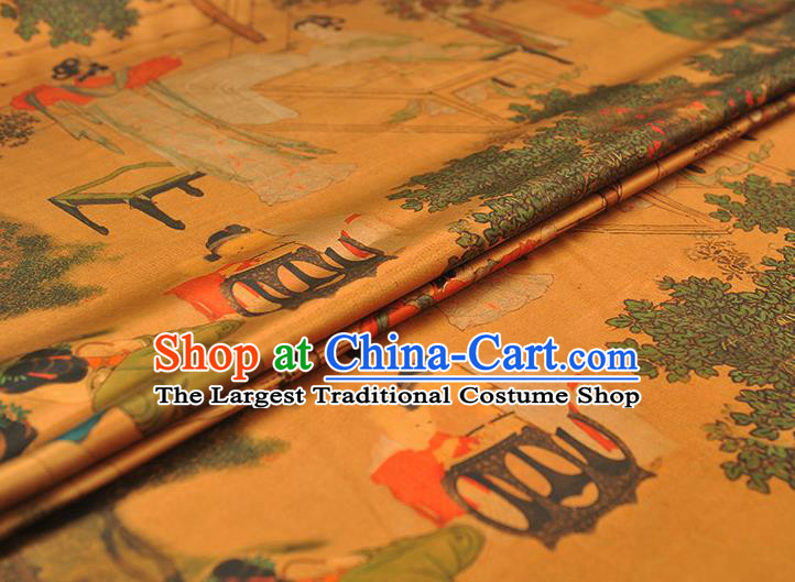 Chinese Traditional Ginger Gambiered Guangdong Gauze Classical Beauty Pattern Silk Fabric Cheongsam Satin Cloth