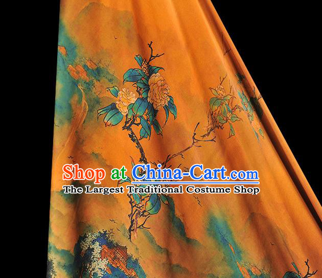 Chinese Cheongsam Classical Mountain Perch Pattern Satin Cloth Traditional Gambiered Guangdong Gauze Jacquard Ginger Silk Fabric