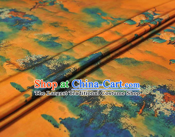 Chinese Cheongsam Classical Mountain Perch Pattern Satin Cloth Traditional Gambiered Guangdong Gauze Jacquard Ginger Silk Fabric