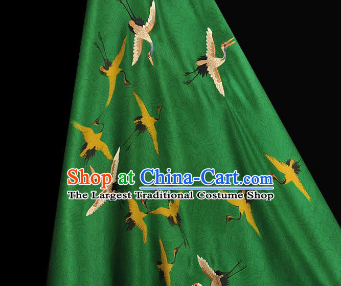 China Traditional Embroidered Cranes Pattern Silk Fabric Classical Cheongsam Green Satin Cloth