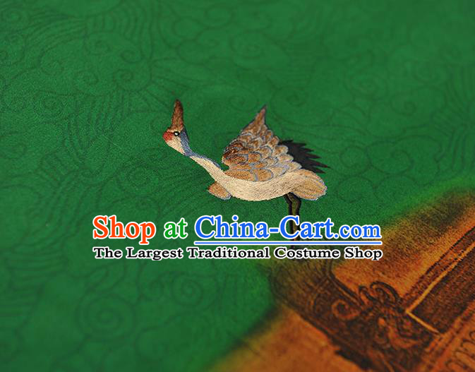 China Traditional Embroidered Cranes Pattern Silk Fabric Classical Cheongsam Green Satin Cloth