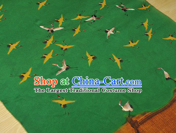 China Traditional Embroidered Cranes Pattern Silk Fabric Classical Cheongsam Green Satin Cloth