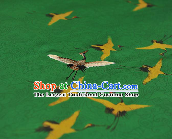 China Traditional Embroidered Cranes Pattern Silk Fabric Classical Cheongsam Green Satin Cloth