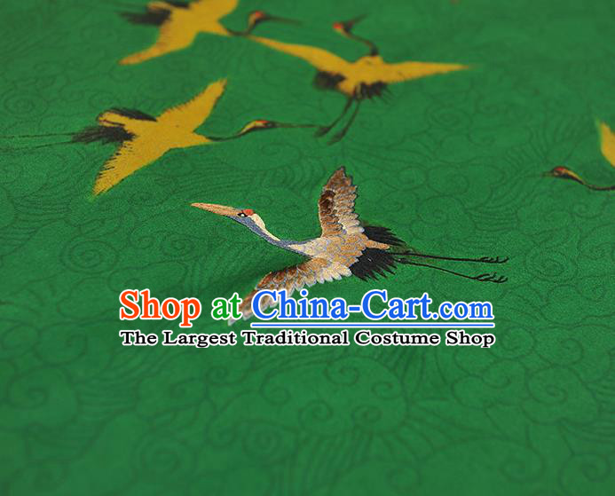 China Traditional Embroidered Cranes Pattern Silk Fabric Classical Cheongsam Green Satin Cloth