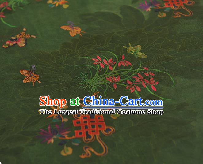 Chinese Traditional Jacquard Silk Fabric Cheongsam Gambiered Guangdong Gauze Classical Butterfly Orchids Pattern Deep Green Satin Cloth