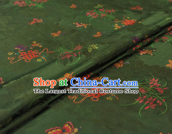 Chinese Traditional Jacquard Silk Fabric Cheongsam Gambiered Guangdong Gauze Classical Butterfly Orchids Pattern Deep Green Satin Cloth