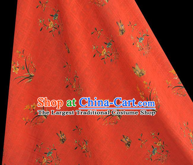Chinese Classical Orchids Pattern Cloth Traditional Cheongsam Red Silk Fabric Gambiered Guangdong Gauze
