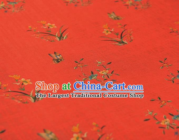 Chinese Classical Orchids Pattern Cloth Traditional Cheongsam Red Silk Fabric Gambiered Guangdong Gauze
