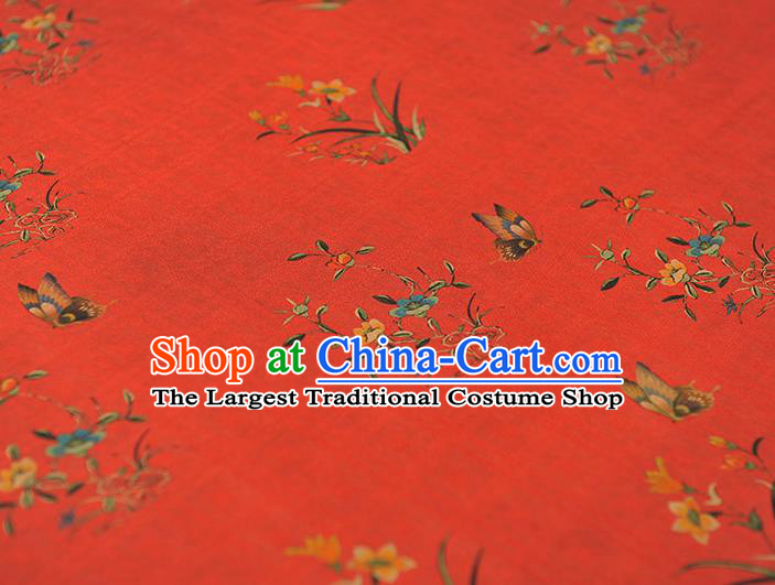 Chinese Classical Orchids Pattern Cloth Traditional Cheongsam Red Silk Fabric Gambiered Guangdong Gauze