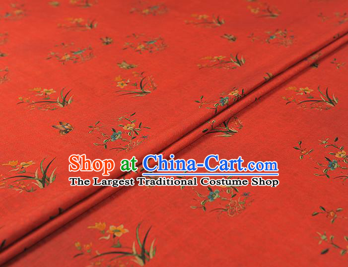 Chinese Classical Orchids Pattern Cloth Traditional Cheongsam Red Silk Fabric Gambiered Guangdong Gauze