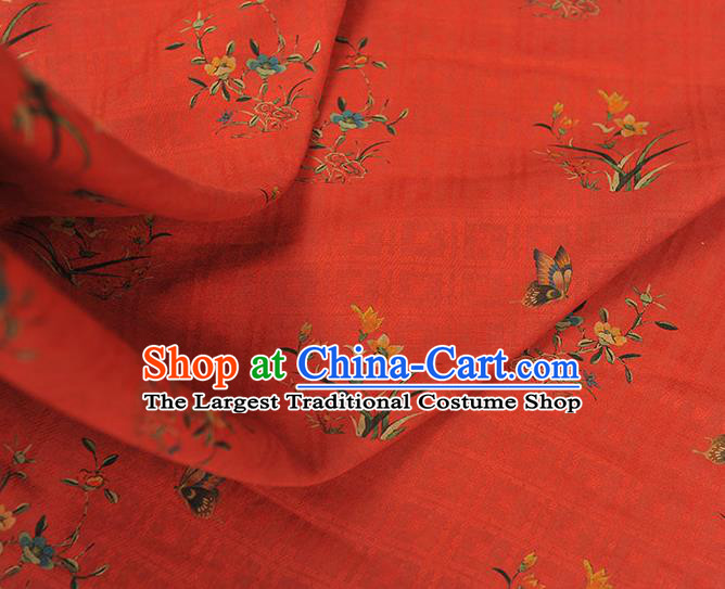 Chinese Classical Orchids Pattern Cloth Traditional Cheongsam Red Silk Fabric Gambiered Guangdong Gauze