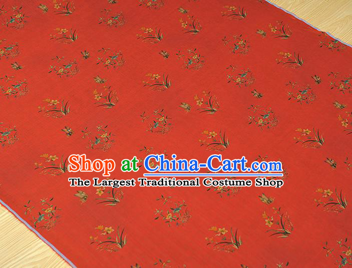 Chinese Classical Orchids Pattern Cloth Traditional Cheongsam Red Silk Fabric Gambiered Guangdong Gauze