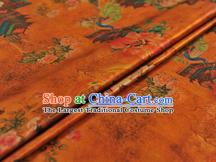 Chinese Classical Peacock Camellia Pattern Silk Material Traditional Fabric Gambiered Guangdong Gauze Cheongsam Orange Satin