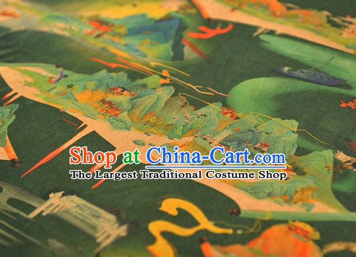 Chinese Cheongsam Gambiered Guangdong Gauze Traditional Green Satin Fabric Classical Heavenly Palace Pattern Silk Material