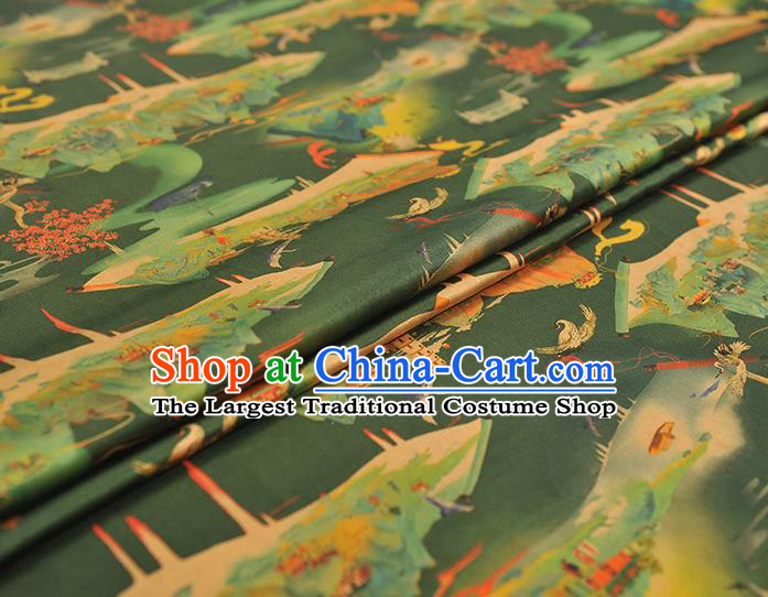 Chinese Cheongsam Gambiered Guangdong Gauze Traditional Green Satin Fabric Classical Heavenly Palace Pattern Silk Material