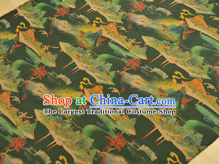 Chinese Cheongsam Gambiered Guangdong Gauze Traditional Green Satin Fabric Classical Heavenly Palace Pattern Silk Material