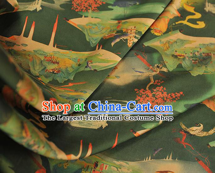 Chinese Cheongsam Gambiered Guangdong Gauze Traditional Green Satin Fabric Classical Heavenly Palace Pattern Silk Material