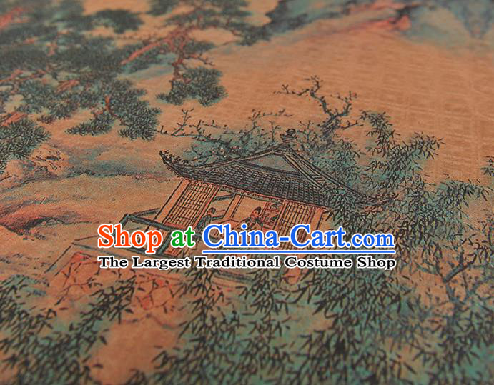 Chinese Cheongsam Gambiered Guangdong Gauze Traditional Jacquard Brown Fabric Classical Hill Pavilion Pattern Silk Cloth