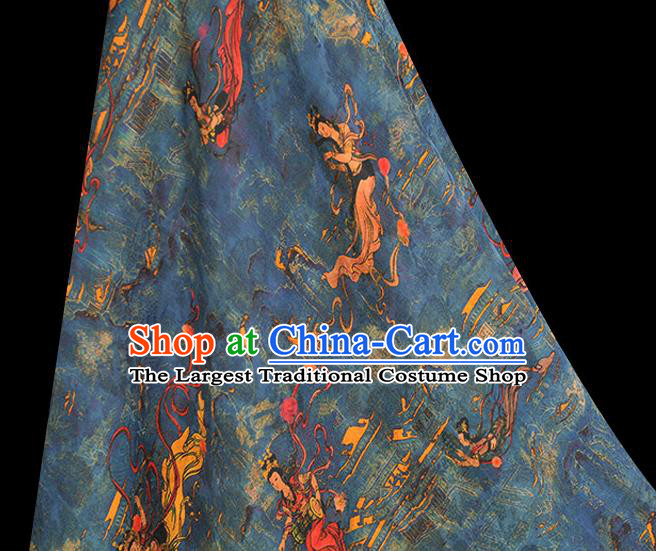 Chinese Cheongsam Traditional Silk Fabric Blue Gambiered Guangdong Gauze Classical Flying Goddess Pattern Silk Material