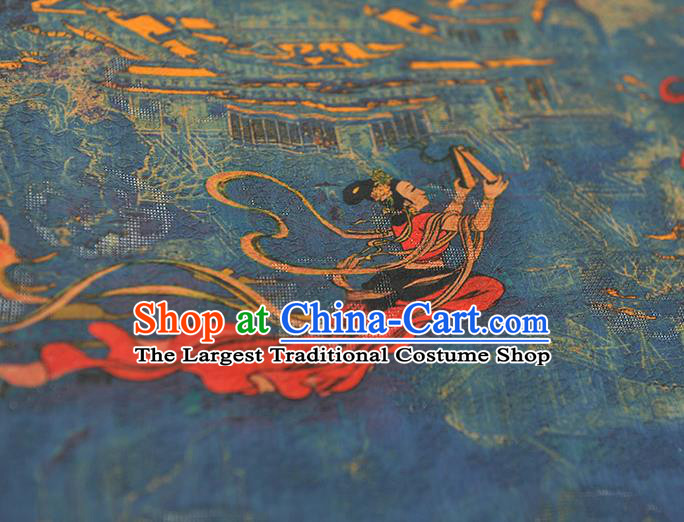 Chinese Cheongsam Traditional Silk Fabric Blue Gambiered Guangdong Gauze Classical Flying Goddess Pattern Silk Material