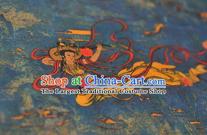 Chinese Cheongsam Traditional Silk Fabric Blue Gambiered Guangdong Gauze Classical Flying Goddess Pattern Silk Material
